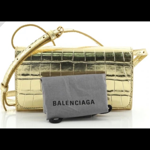Balenciaga Touch B. Crossbody Bag Crocodile Embossed Gold Leather Mini - Picture 2 of 4